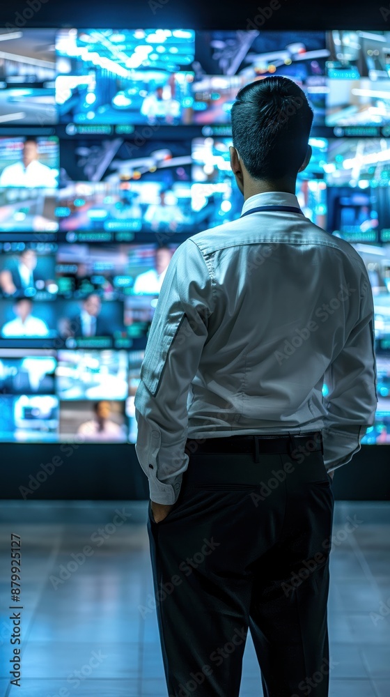 Fototapeta premium Man monitoring security footage, ensuring safety and surveillance in a control room.