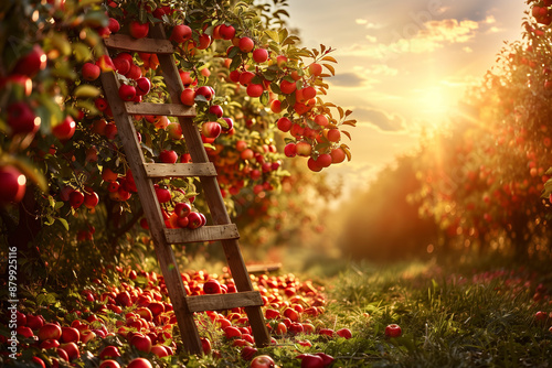 Rustic ladder rests against a laden apple tree in a sunlit orchard showcasing the vibrant colors of early September harvest with ample background space for text 