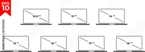 Laptop diagonal screen size icon set. 12.9, 13, 14, 15, 16, 17, 18 inch display size. Vector illustration.