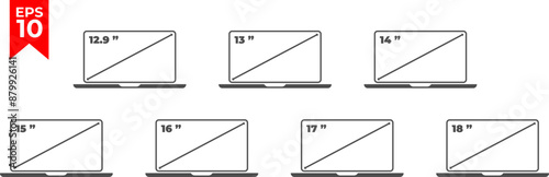 Laptop diagonal screen size icon set. 12.9, 13, 14, 15, 16, 17, 18 inch display size. Vector illustration.