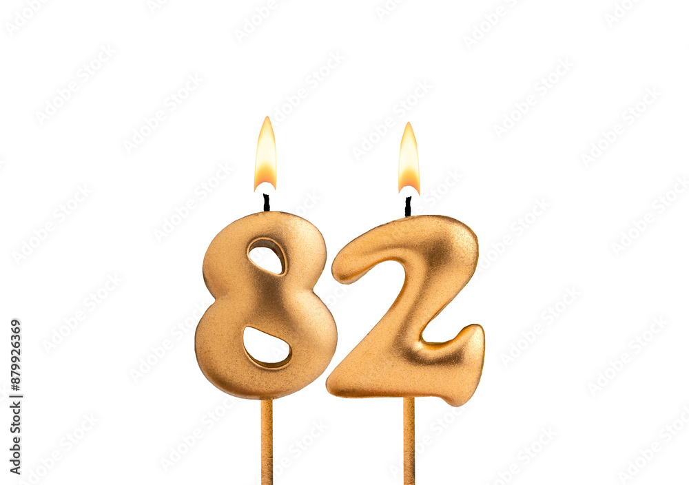 Golden candle number 82 - Birthday on white background