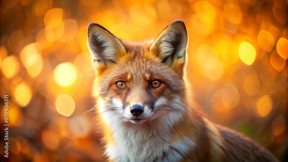 Fototapeta premium Vibrant orange fox with sharp eyes gazes directly, standing out against soft, bokeh autumn background with warm, rusty hues.