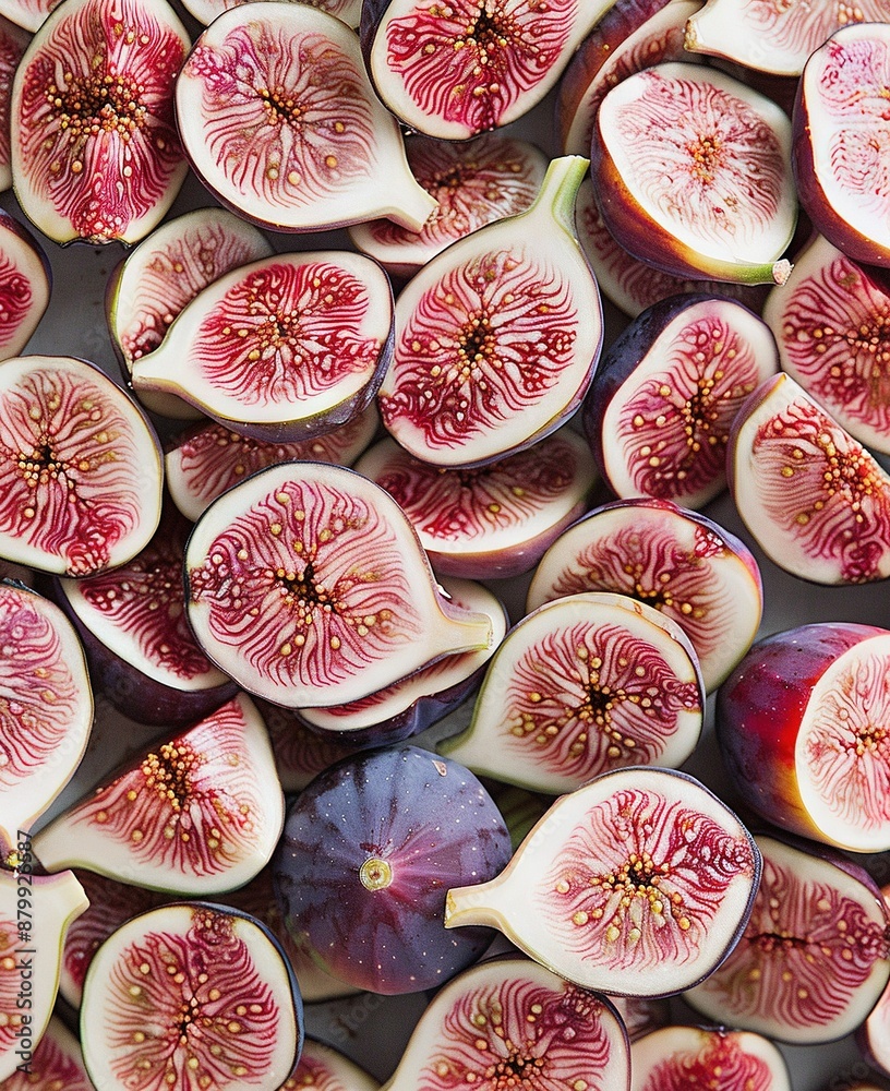   A plate of chopped figs resting atop the table alongside a slice of broccoli