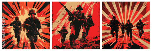 Soldiers retro posters. Military army soldier war red background, us armed forces veteran hero memorial patriotism, freedom america vintage propaganda set vector illustration