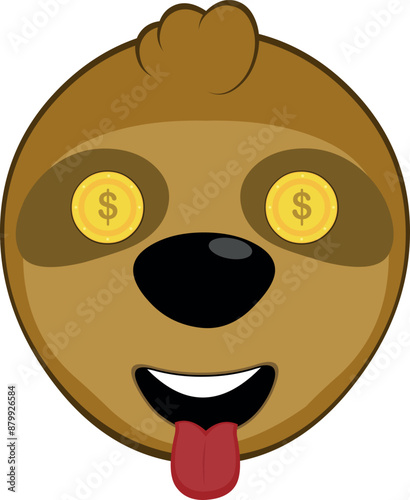 vector illustration face bear sloth character animal cartoon, with an ambitious expression, coins in his eyes and his tongue sticking out