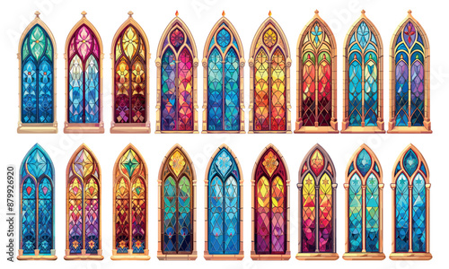 Stained glass windows. Cartoon window mosaic ornament art in christian temple, catholic religion arch frames gothic church interior stained-glass set vector illustration