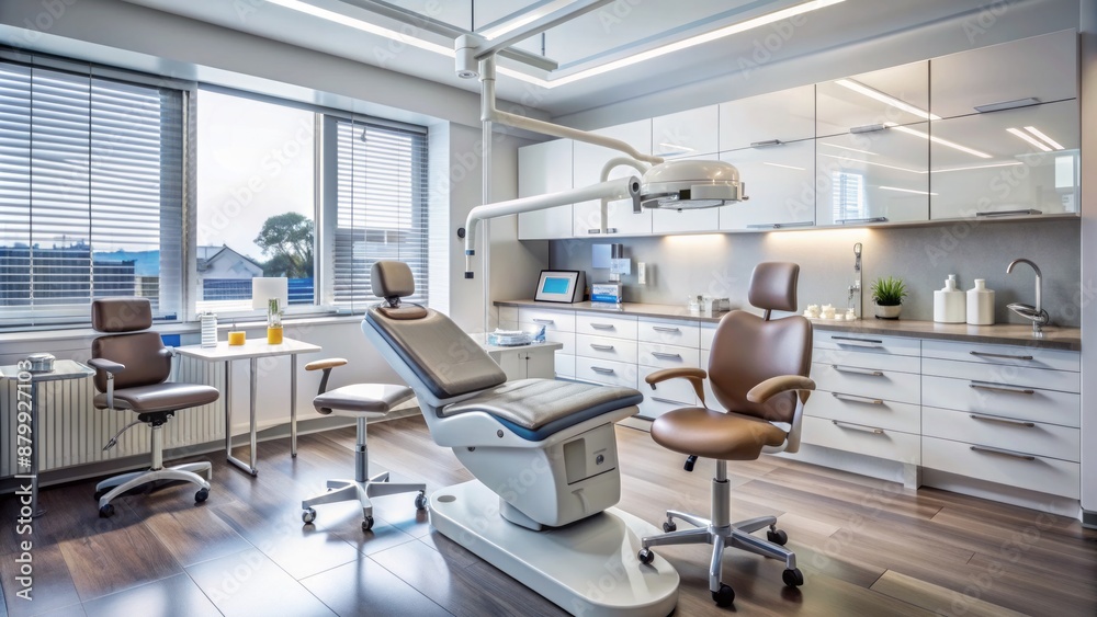 Modern dental clinic interior with empty examination chair, dental tools, and a tray with Mouth mirror and explorer on the counter. Modern dental clinic interior with empty examination chair, dental tools, and a tray with Mouth mirror and explorer on the counter.