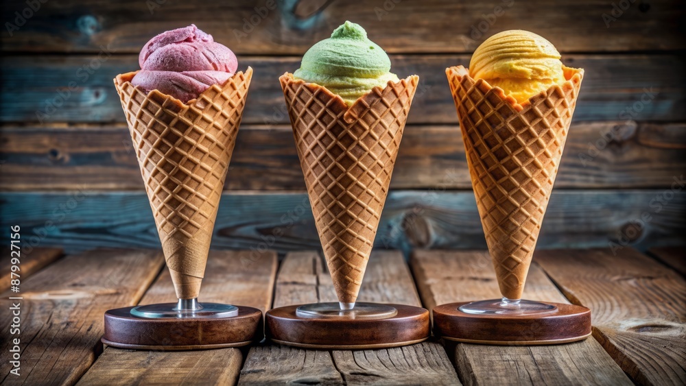 A colorful trio of wafer cones stands upright on a rustic wooden table, each filled with scoops of creamy cold treats. A colorful trio of wafer cones stands upright on a rustic wooden table, each filled with scoops of creamy cold treats.
