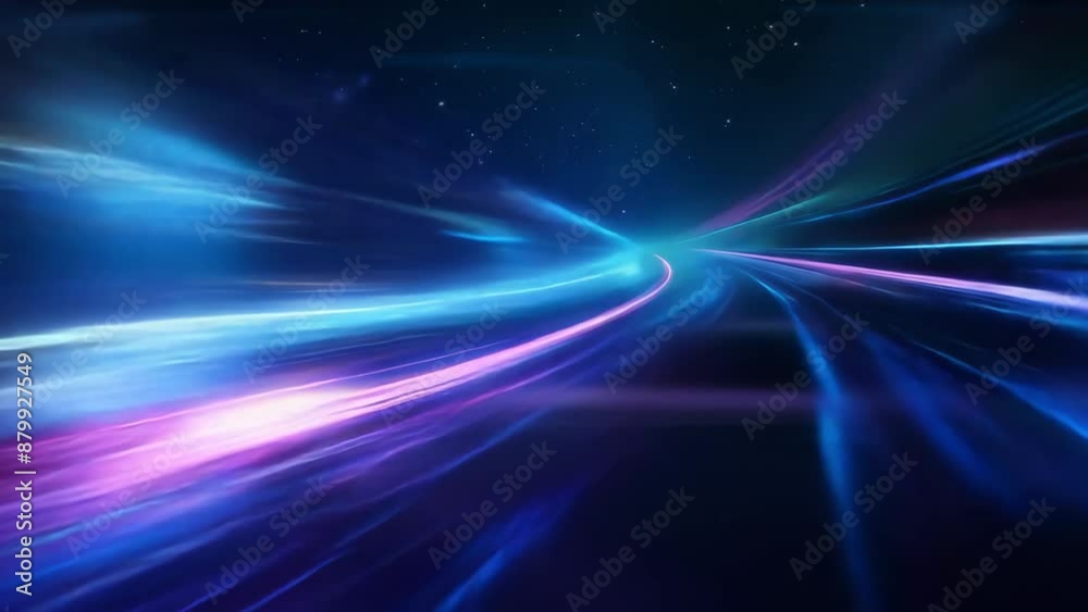 An electrifying image of vibrant light trails in a futuristic setting. The dynamic blend of blue, purple, and pink hues against a starry background evokes speed.