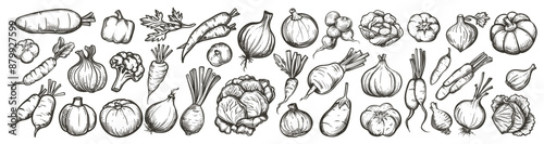 Vegetables sketches. Vegetable vintage hand drawing sketch, vegetarian food ingredient onion carrot pepper radish tomatoes broccoli pumpkin vignetting set vector illustration