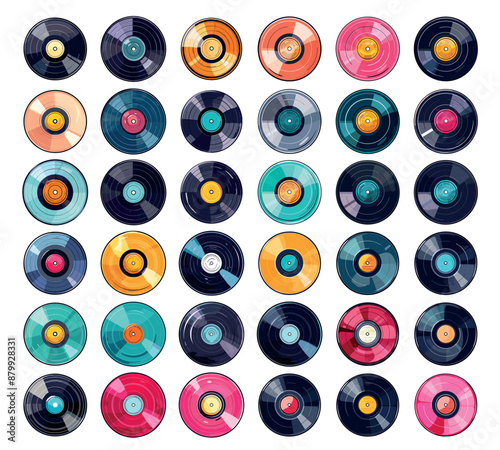 Vinyl records. Retro music record vintage musical disc audio dj lp analog music sound album song media melody 70s 60s party set vector illustration