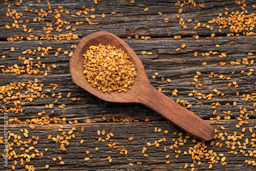 Natural aromatic fenugreek seeds in the spoon - Natural food photo