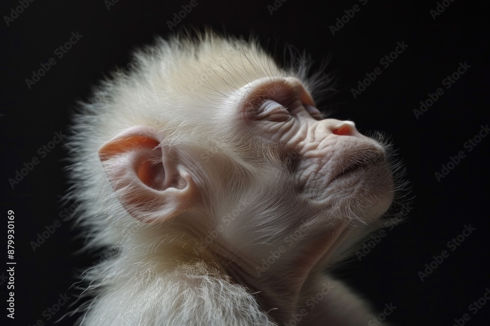 A small albino monkey captured in a studio setting against a dark background, emphasizing the rarity and beauty of albinism in wildlife. Perfect for educational materials and conservation campaigns A small albino monkey captured in a studio setting against a dark background, emphasizing the rarity and beauty of albinism in wildlife. Perfect for educational materials and conservation campaigns