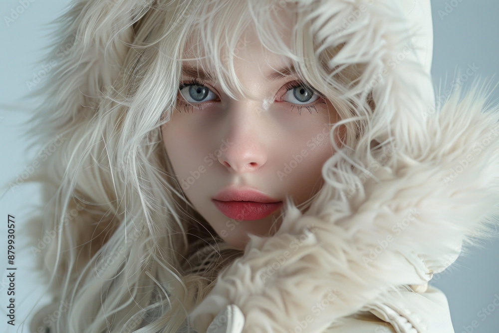Beautiful Slavic albino girl with long hair in a fur jacket, posing for a photo. Suitable for use in children's wear advertisements, fashion magazines, and campaigns promoting diversity Beautiful Slavic albino girl with long hair in a fur jacket, posing for a photo. Suitable for use in children's wear advertisements, fashion magazines, and campaigns promoting diversity