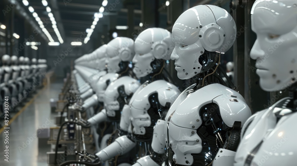 Fototapeta premium Advanced AI robots working alongside humans in a factory