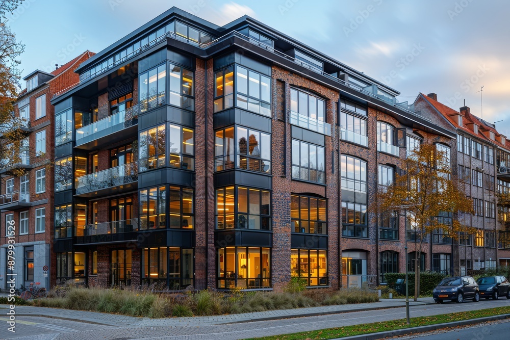 Glass office building at twilight with innovative design and elegant interiors, creating a minimalist atmosphere Glass office building at twilight with innovative design and elegant interiors, creating a minimalist atmosphere