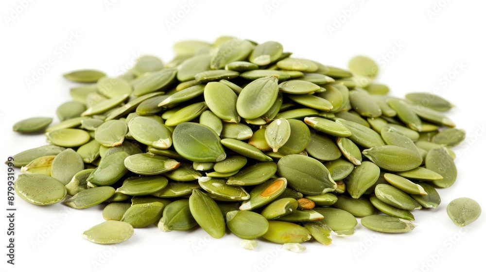 Pile of green pumpkin seeds on a white background Pile of green pumpkin seeds on a white background