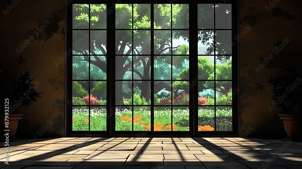 A spacious room showcases a stunning tree-and-flower view outside through its expansive window, with sunlight streaming inside A spacious room showcases a stunning tree-and-flower view outside through its expansive window, with sunlight streaming inside