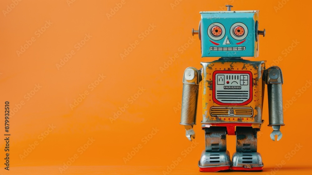 Fototapeta premium Vintage tin toy robot on orange backdrop with space for text