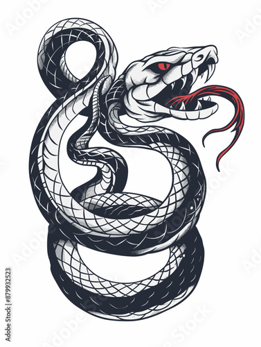 A snake with a red tongue and red eyes. The snake is black and white