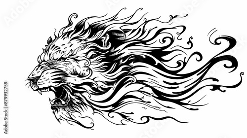 A lion with a fiery mane and a mouth open in a black and white drawing. The lion's expression is fierce and angry, and the flames in its mane give the drawing a sense of power and intensity