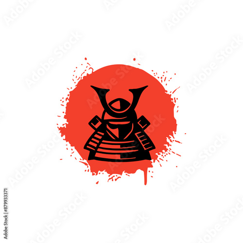 Samurai Japan warrior illustration red flag background. Samurai warrior in traditional armor. photo