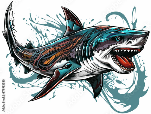 A shark with a blue and white body and a red mouth. The shark is surrounded by water and has a lot of detail on its body