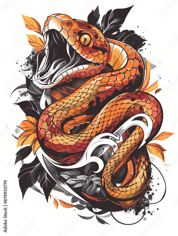 Obraz premium A snake with its mouth open and a leafy background. The snake is orange and black