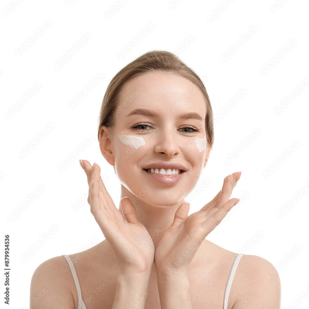 Beautiful woman with cream on white background Beautiful woman with cream on white background