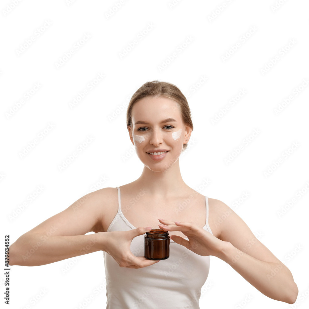 Beautiful woman with jar of cream on white background Beautiful woman with jar of cream on white background