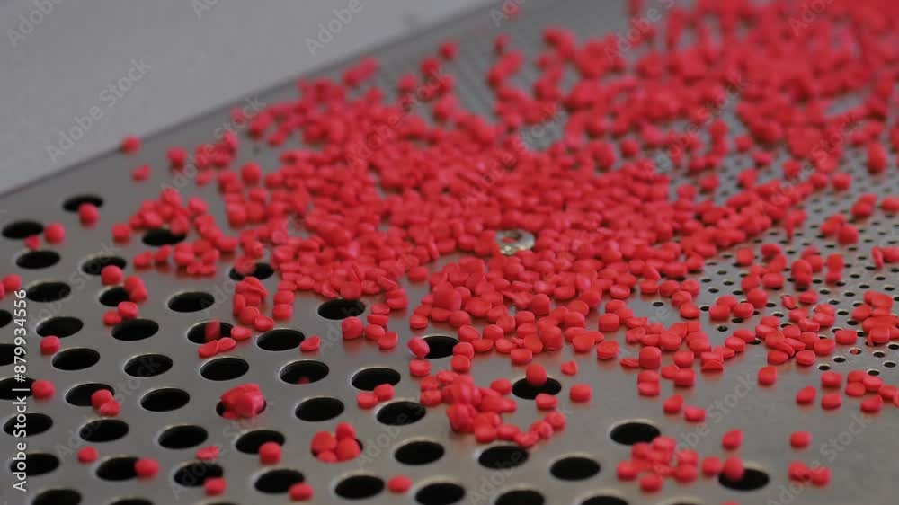 Red recycled plastic pellets, granules on vibrating shale shaker, conveyor belt for separation, sorting material - plastic recycling machine: close up view. Sustainable and waste reduction concept