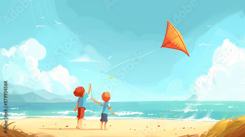 copy space, vector illustration, hand drawn, cartoon style, kids playing with a wind kite on the beach. Active lifestyle, outdoor activities. Kids playing during summer holidays on the sand. Happy chi