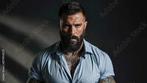 A man with a beard and tattoos on his chest, AI
