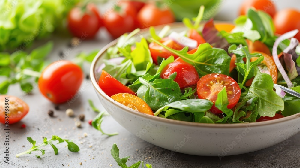 A vibrant salad in a clean bowl featuring tomatoes and greens. The freshness and color contrast between the tomatoes and arugula make this dish visually appealing and mouth-watering. A vibrant salad in a clean bowl featuring tomatoes and greens. The freshness and color contrast between the tomatoes and arugula make this dish visually appealing and mouth-watering.