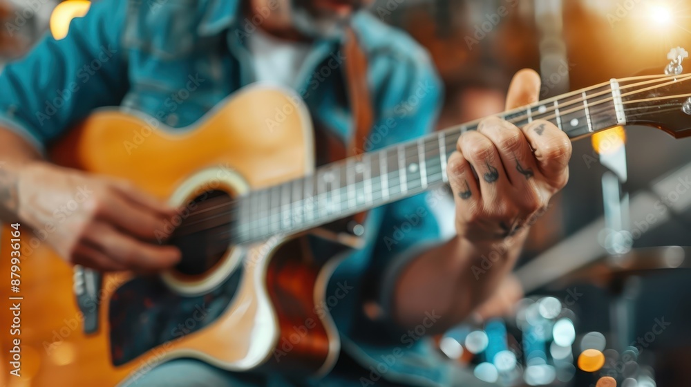 Obraz premium A detailed view of a musician's hand strumming an acoustic guitar during a live performance, capturing the passion and skill of the artist on stage at that moment.