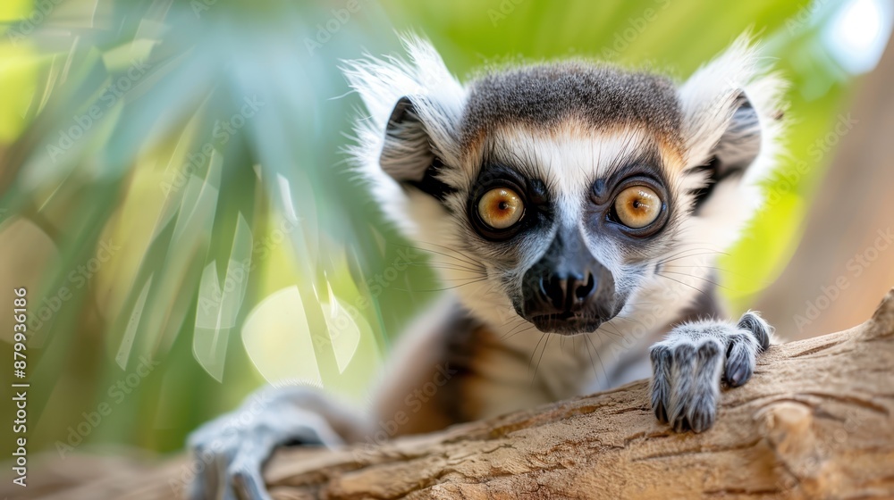 A close-up of a curious lemur with striking, large eyes. It's perched on a branch with sunlight filtering through leaves in the background, creating a vibrant scene.