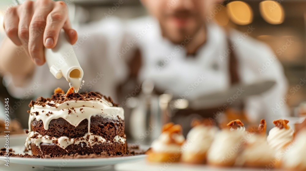 An expert chef demonstrating precision by pouring cream onto a beautifully layered chocolate dessert in a kitchen full of assorted pastries and baking tools.