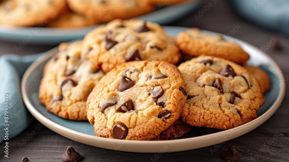 A close-up image of freshly baked chocolate chip cookies arranged on a plate, offering an appealing view of their golden-brown texture and generous chocolate chunks, perfect for dessert lovers. A close-up image of freshly baked chocolate chip cookies arranged on a plate, offering an appealing view of their golden-brown texture and generous chocolate chunks, perfect for dessert lovers.
