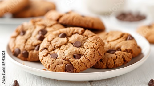A white plate neatly holds freshly baked chocolate chip cookies, demonstrating an irresistible treat with gooey chocolate morsels and golden-brown edges, always in demand for dessert.