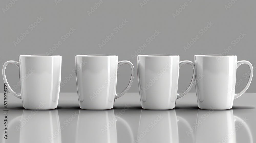 Four White Coffee Mugs on a Table Four White Coffee Mugs on a Table