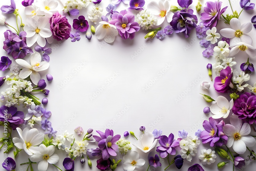 A frame made of purple and white flowers on a white background A frame made of purple and white flowers on a white background