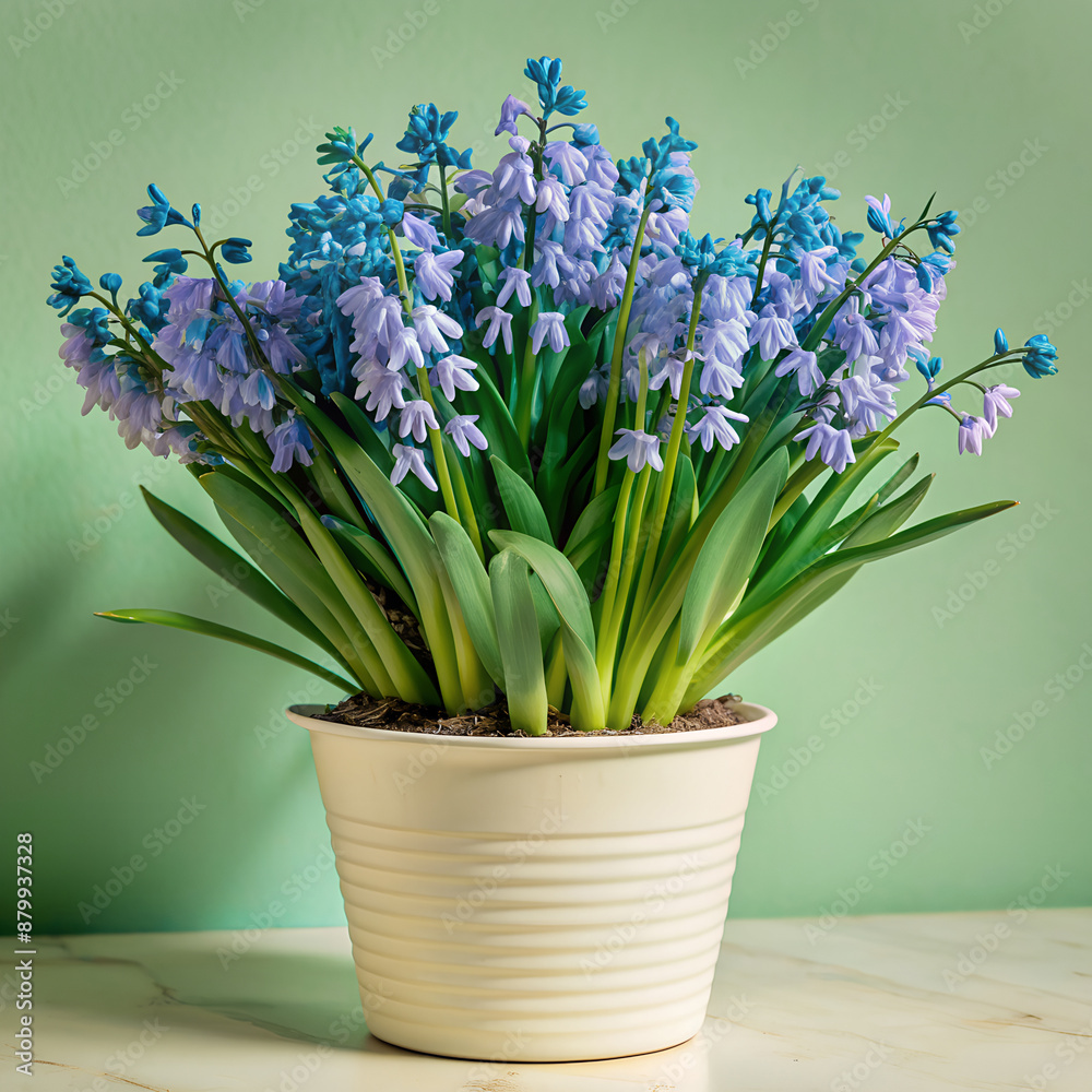 Bluebell flowers in a minimalist style white pot is tall isolated on studio background Bluebell flowers in a minimalist style white pot is tall isolated on studio background