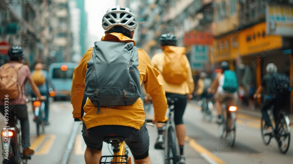 Naklejka premium Cyclists wearing backpacks and yellow jackets ride down a lively urban street, showcasing commuting efficiency and the spirited community aspect of city life in action.