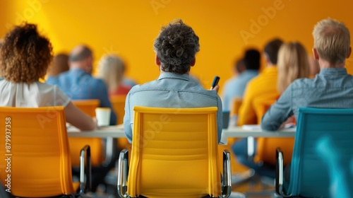 People attending a conference focused on the speaker in a room adorned with colorful chairs, illustrating learning, engagement, and community within a professional environment.