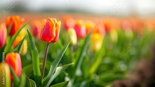 A close-up photo of a beautiful orange and yellow tulip flower in a field, highlighting the petals' intricate details and bright colors, symbolizing spring's beauty and renewal. photo