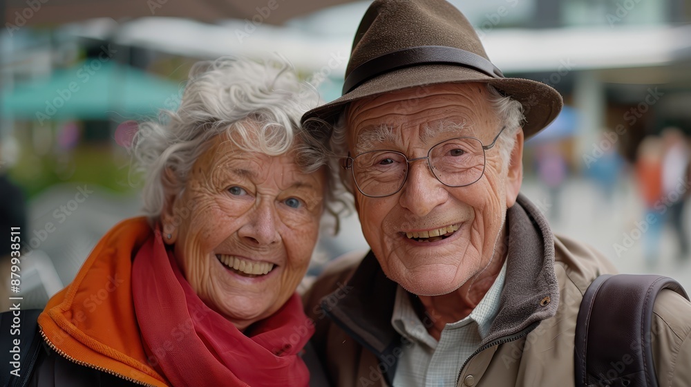 A smiling elderly couple in an urban setting, dressed for cooler weather, enjoying each other's company and the bustling environment, showcasing enduring love and happiness. A smiling elderly couple in an urban setting, dressed for cooler weather, enjoying each other's company and the bustling environment, showcasing enduring love and happiness.