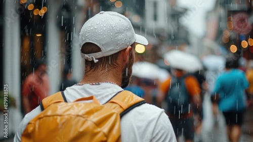 An individual wearing a white cap and yellow backpack walking in a city street under the rain, depicting a scene of urban life and perseverance.