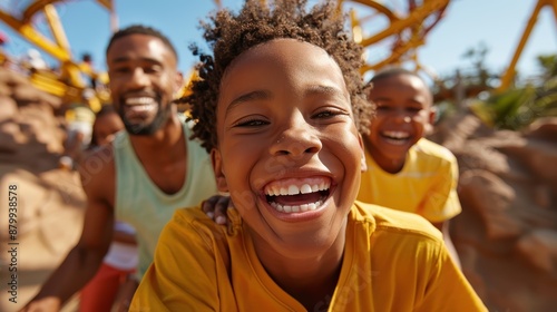 This vibrant image captures children and a father experiencing the thrill of a roller coaster ride in a fun outdoor amusement park, showcasing pure joy and adventure.