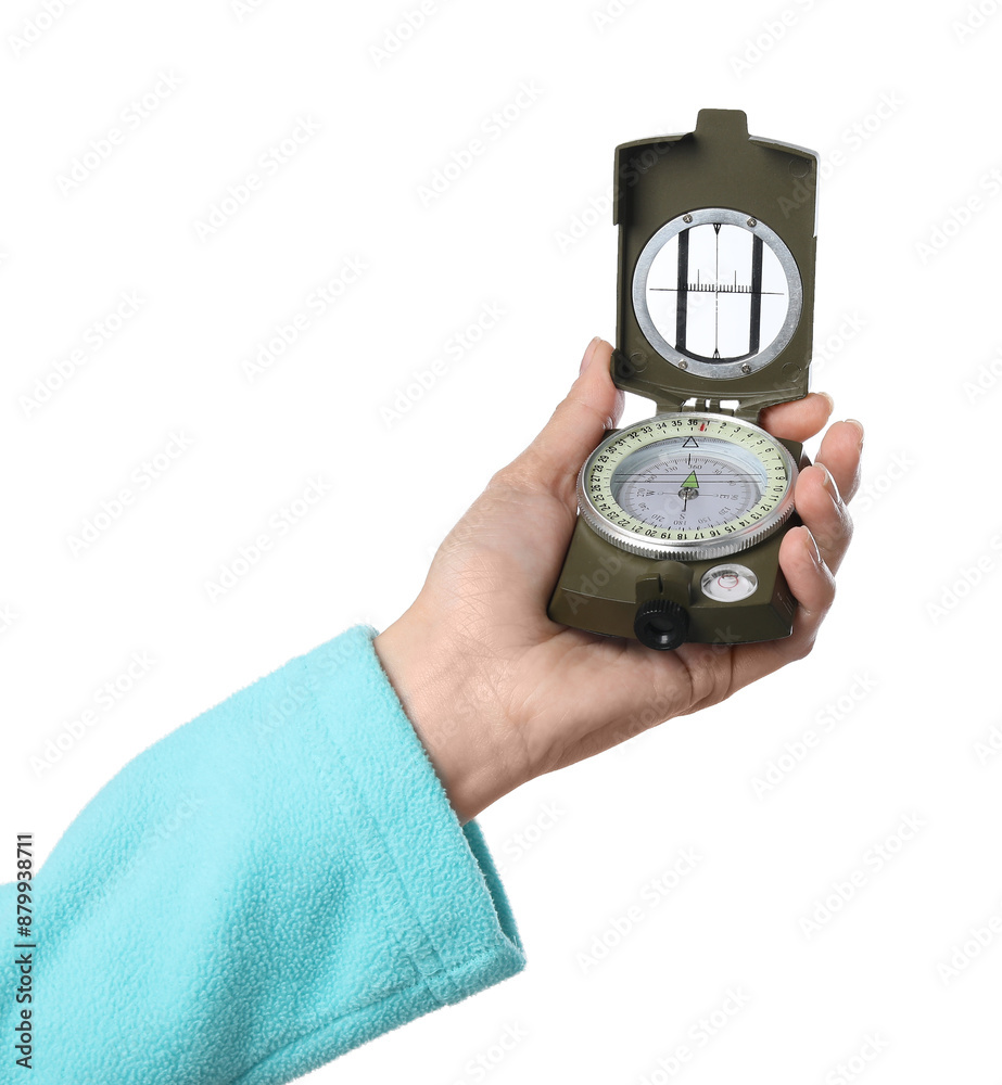 Woman holding compass on white background, closeup Woman holding compass on white background, closeup