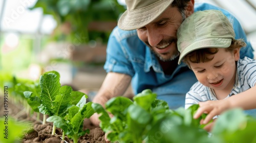 Wallpaper Mural A father and his son spend quality time gardening together in a lush, green garden, highlighting their strong bond, shared interest, and the joy of learning and nurturing plants. Torontodigital.ca